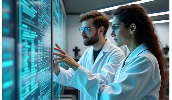 Scientists in a lab reviewing data on screens