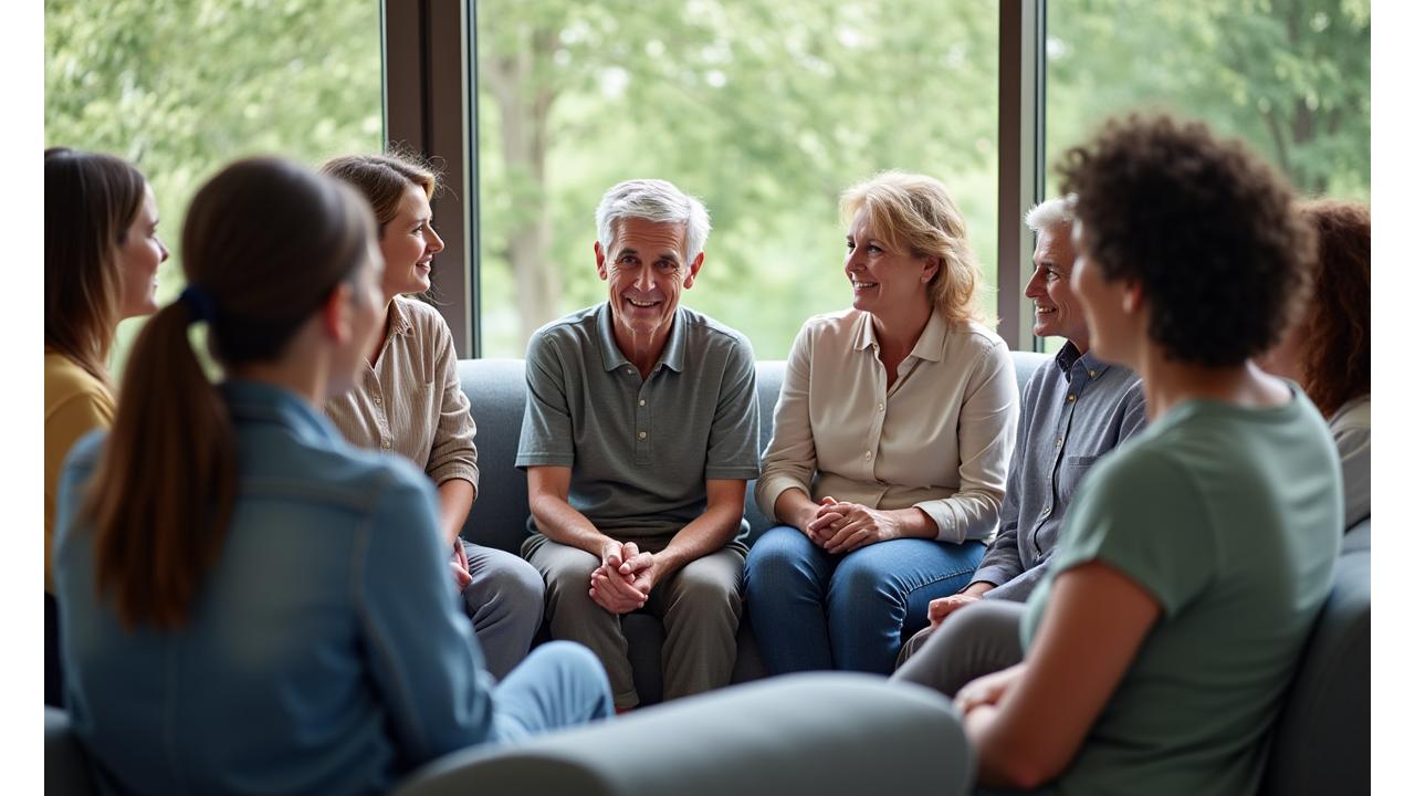 Diverse group of adults in a supportive circle, representing various wellness support groups within the Portland community.